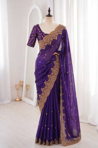 Royal blue satin embroidered saree with sequins work