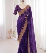 Royal blue satin embroidered saree with sequins work