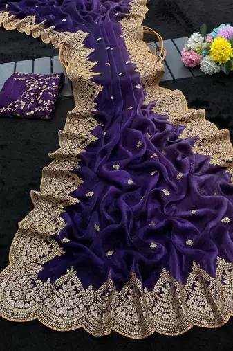 Royal blue satin embroidered saree with sequins work