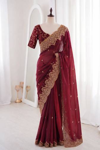 Maroon satin embroidered saree with sequins work