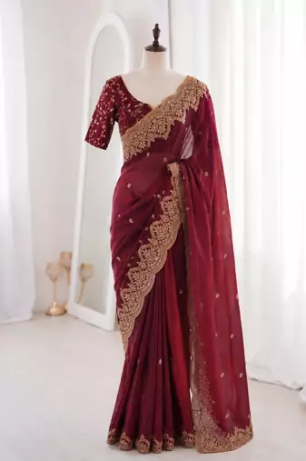 Maroon satin embroidered saree with sequins work
