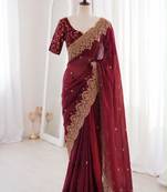 Maroon satin embroidered saree with sequins work