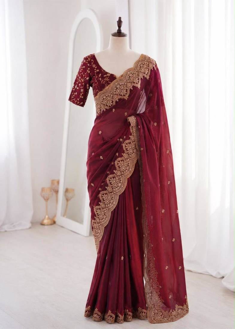 Maroon satin embroidered saree with sequins work