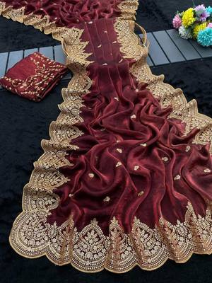 Maroon satin embroidered saree with sequins work 2