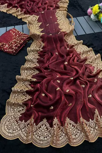Maroon satin embroidered saree with sequins work