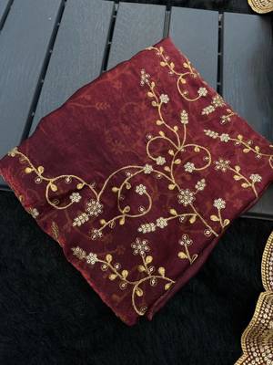 Maroon satin embroidered saree with sequins work 3