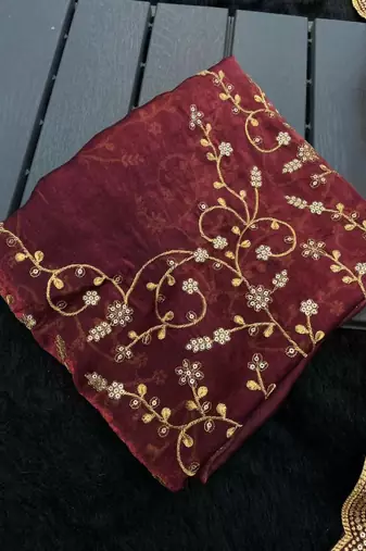 Maroon satin embroidered saree with sequins work