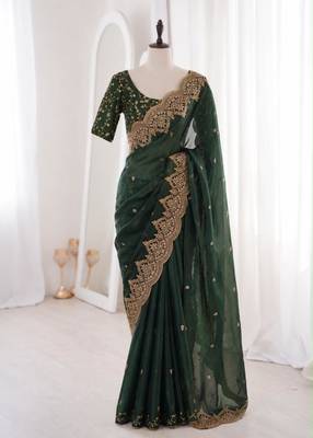 Green satin embroidered saree with sequins work 1