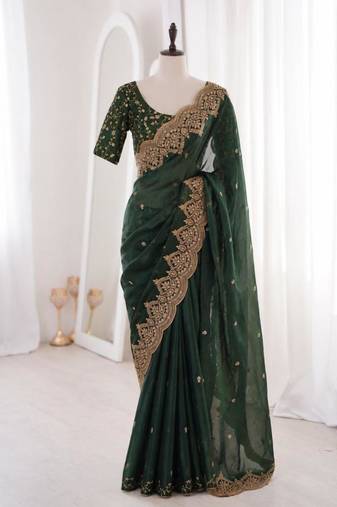 Green satin embroidered saree with sequins work