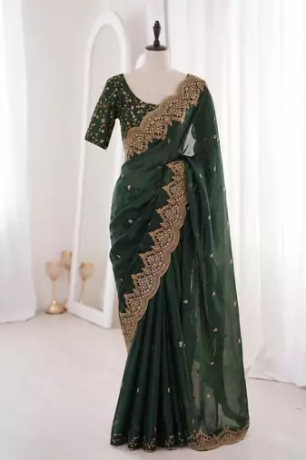 Green satin embroidered saree with sequins work