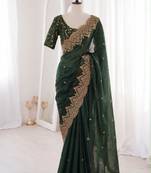 Green satin embroidered saree with sequins work