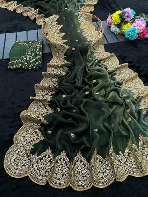 Green satin embroidered saree with sequins work 2