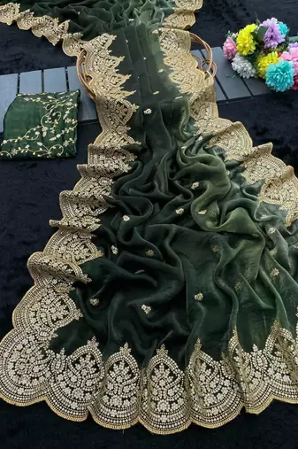 Green satin embroidered saree with sequins work