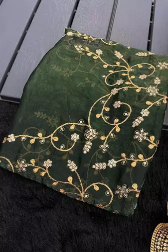 Green satin embroidered saree with sequins work