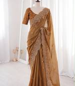 Mustard satin embroidered saree with sequins work