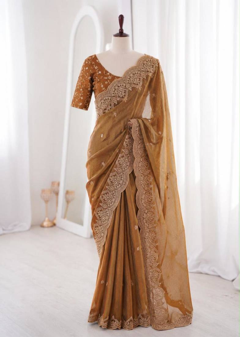 Mustard satin embroidered saree with sequins work