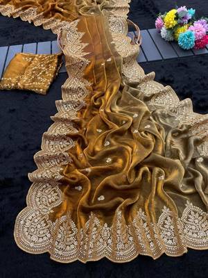 Mustard satin embroidered saree with sequins work 2