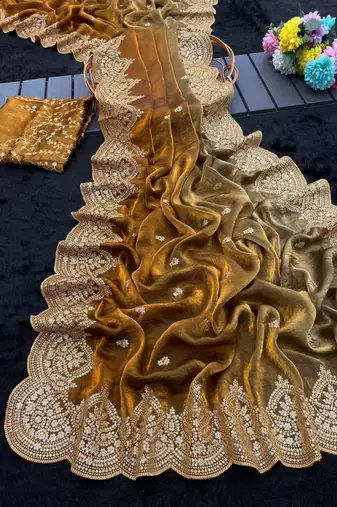 Mustard satin embroidered saree with sequins work