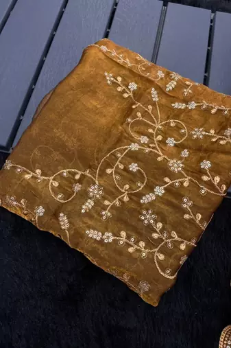 Mustard satin embroidered saree with sequins work
