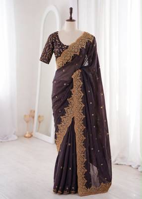Black satin embroidered saree with sequins work 1