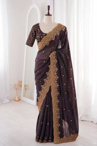 Black satin embroidered saree with sequins work