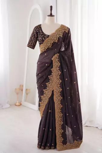 Black satin embroidered saree with sequins work