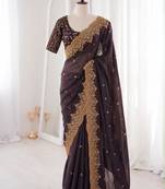 Black satin embroidered saree with sequins work