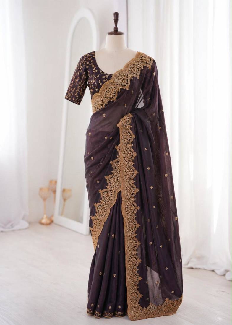 Black satin embroidered saree with sequins work