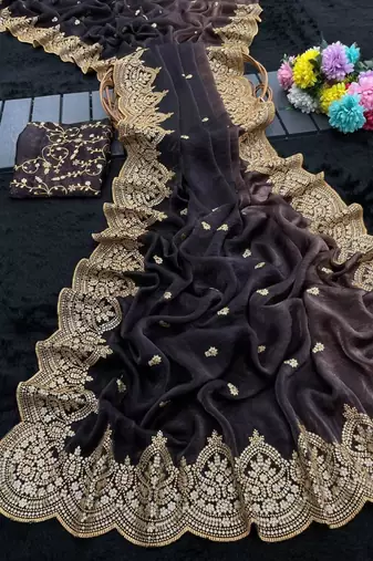 Black satin embroidered saree with sequins work
