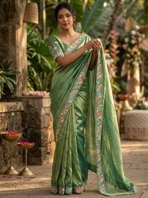green chiffon embroidered saree with thread work 1