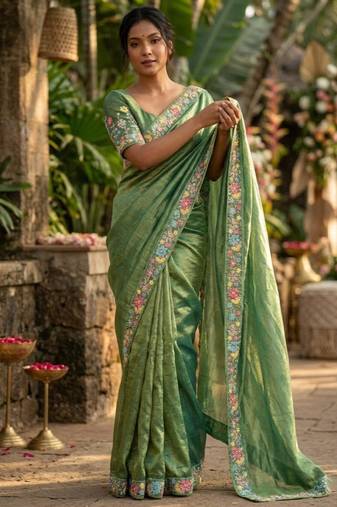green chiffon embroidered saree with thread work