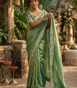 green chiffon embroidered saree with thread work