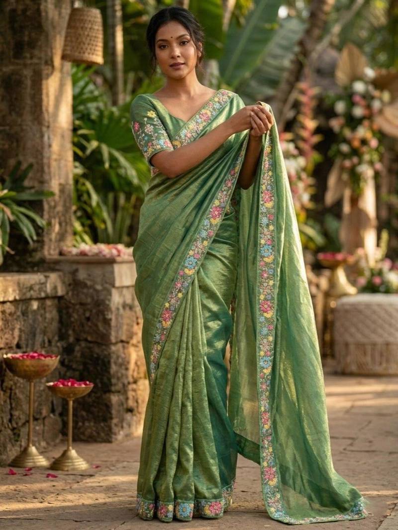 green chiffon embroidered saree with thread work