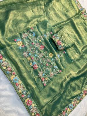 green chiffon embroidered saree with thread work 2