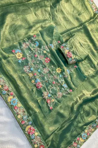 green chiffon embroidered saree with thread work