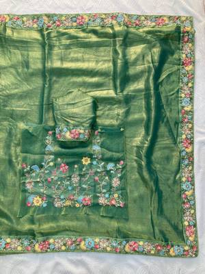green chiffon embroidered saree with thread work 3