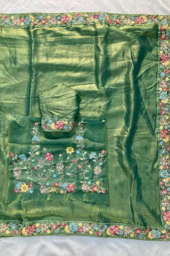 green chiffon embroidered saree with thread work