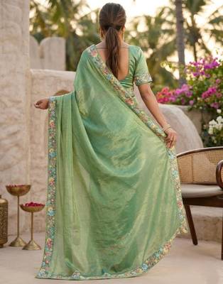 green chiffon embroidered saree with thread work 4