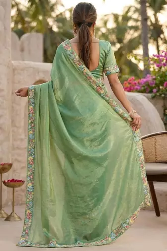 green chiffon embroidered saree with thread work