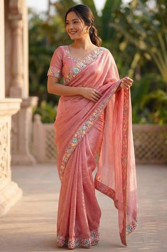 peach chiffon embroidered saree with thread work