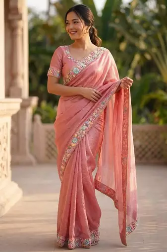 peach chiffon embroidered saree with thread work