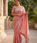 peach chiffon embroidered saree with thread work