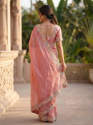 peach chiffon embroidered saree with thread work 2