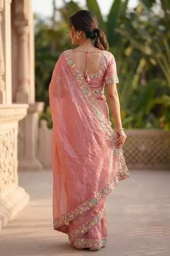 peach chiffon embroidered saree with thread work
