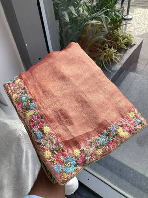peach chiffon embroidered saree with thread work 3