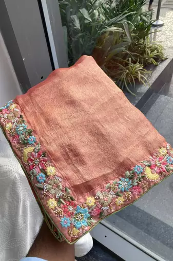 peach chiffon embroidered saree with thread work