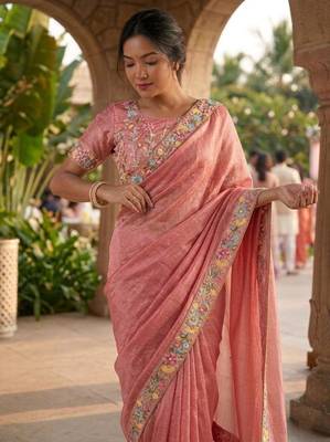 peach chiffon embroidered saree with thread work 4