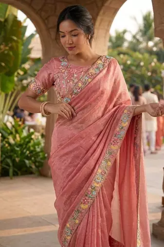 peach chiffon embroidered saree with thread work