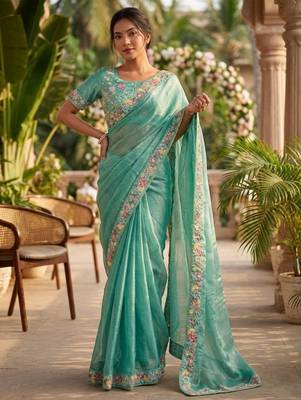 sky blue chiffon embroidered saree with thread work 1