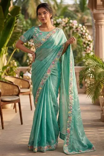 sky blue chiffon embroidered saree with thread work
